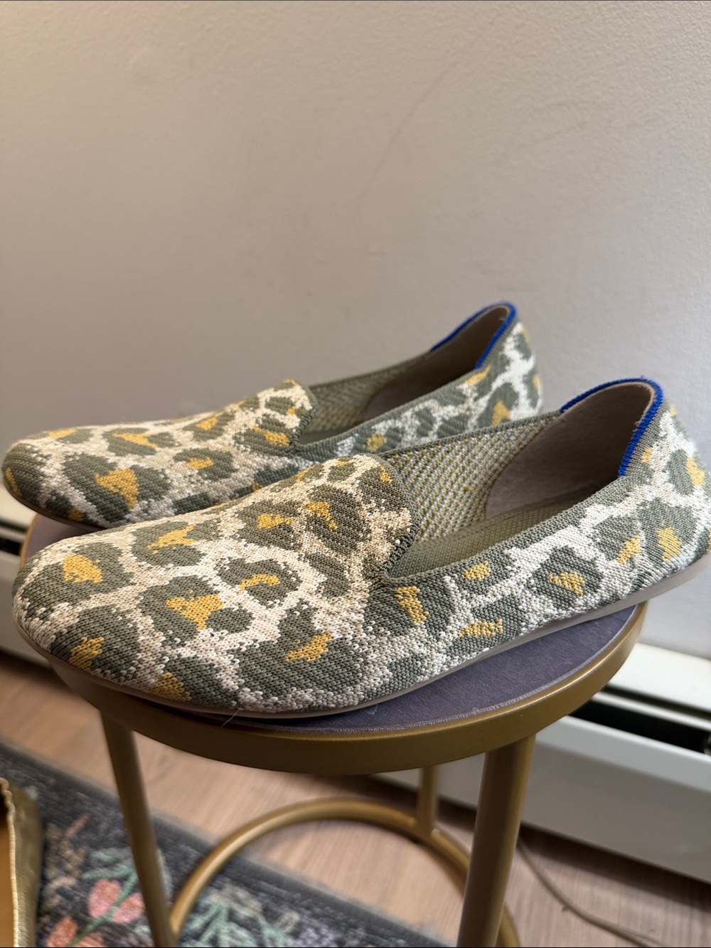 Rothy's Sage, Cream & Yellow Leopard Knit Slip-On loafers